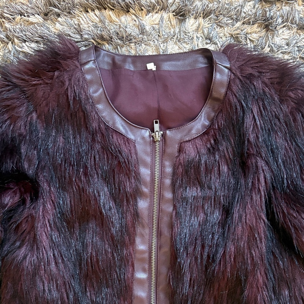 NWOT! Luxurious Burgundy Faux Fur Jacket, Size XS - Picture 4 of 12